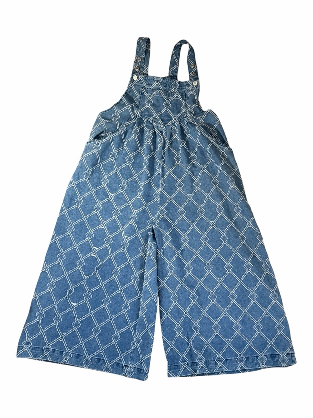 Sweet Giana Denim Wide Leg Overall Jumpsuit Geometric Embroidered Boho - Picture 2 of 3